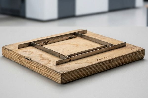 A worn plywood die-cut tooling board features rusted metal blades forming a square, illustrating degraded steel rule die tooling.