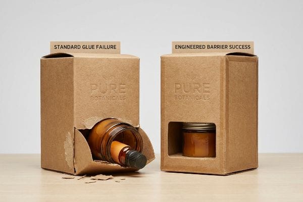 Packaging Glue Failure Success Kraft paperboard "Pure Botanicals" packaging shows standard glue failure with a fallen bottle versus engineered barrier success securely holding a jar.
