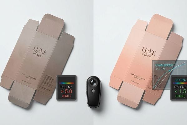 Packaging Color Calibration Soft-touch Luxe Beauty packaging comparison: failed Delta-E > 5.0 vs. passed Delta-E < 1.5 with 11.5% Cyan Boost.