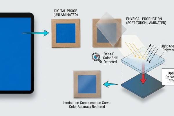 Lamination Color Shift Compensation Digital proof's blue color darkens with Soft-Touch Lamination (Delta-E Color Shift), then Lamination Compensation Curve restores color accuracy.