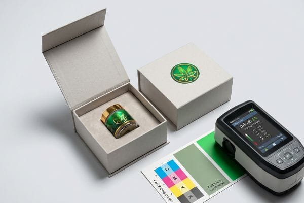 Color Accuracy Test A spectrophotometer measures Delta-E 0.5 on CMYK Soft-Touch Lamination swatch, next to premium CBD packaging.
