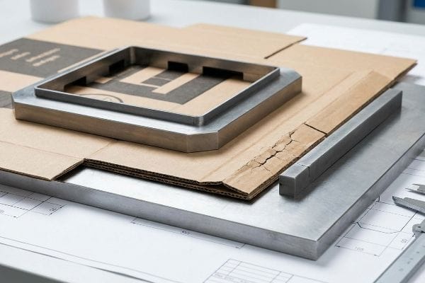 Cutting Die Components Brushed metal cutting die components, a square frame and bar, on corrugated cardboard and technical blueprints.