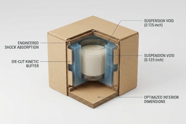 Sección transversal de una caja de cartón corrugado: Amortiguadores cinéticos troquelados, espacio de suspensión de 0,125 pulgadas, absorción de impactos diseñada para velas en frascos de vidrio.