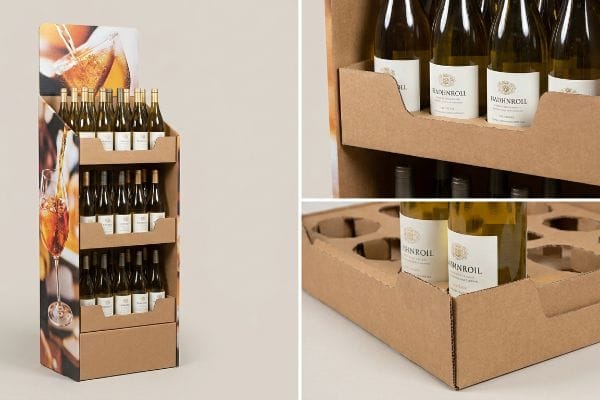 Corrugated floor display unit showcasing Badenroll white wine bottles in three-tier die-cut trays, designed with custom swoops to expose primary labels and a vibrant litho-laminated graphic wrap.