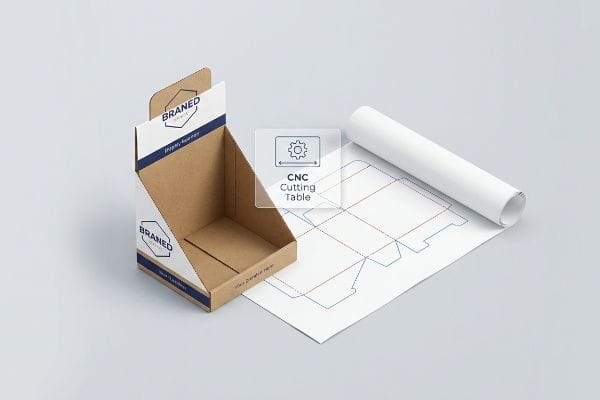 Die Cut Box Dieline An empty Braned cardboard die-cut display box is shown with a flat dieline blueprint and a CNC Cutting Table graphic.
