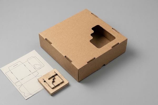 A brown corrugated die-cut box, its paper template, and a wooden steel rule die for precise packaging shapes.