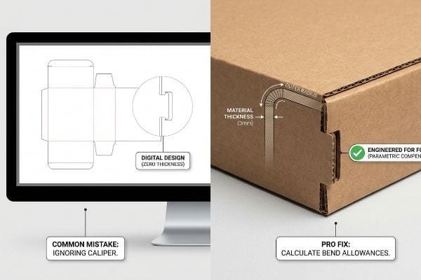 Die-Cut Bend Allowances Corrugated box design comparison: digital template (Zero Thickness) vs. physical box with 3mm Material Thickness and Outer Radius, highlighting the Pro Fix: Calculate Bend Allowances, correcting Ignoring Caliper.