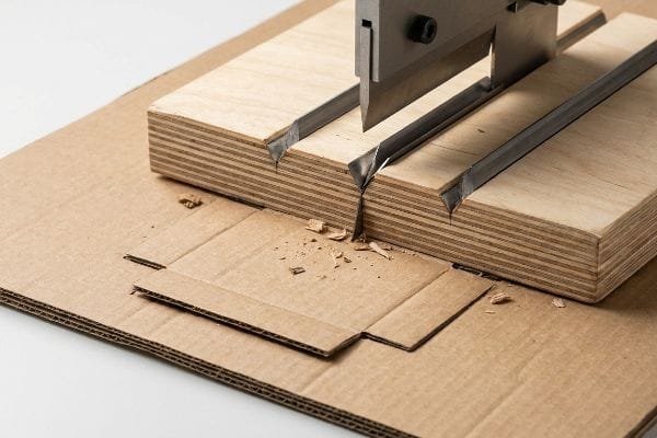 Plywood die-cutting tool with steel rule blades creating a precise crease in corrugated cardboard, scattering debris.