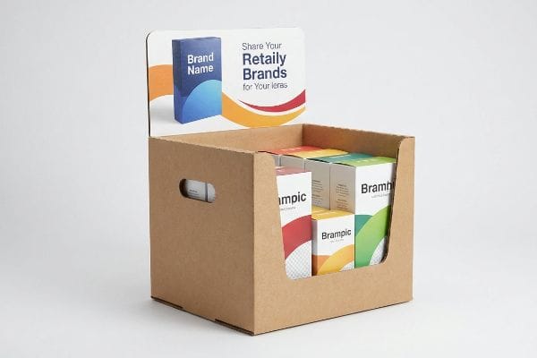 A corrugated cardboard die-cut display box showcases Brampic products, featuring a header card promoting retail brands.