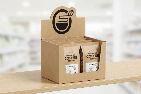 Kraft paper display box with die-cut header showcasing Artisanal Coffee 30g pouches, including Artisanalits and Coffee Nits.