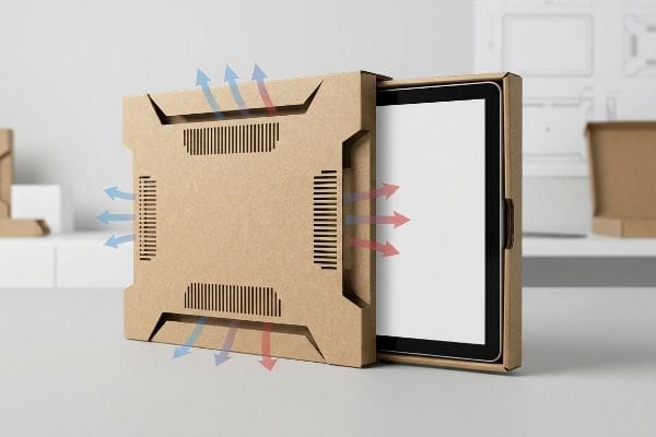 Convection Vented Tablet Packaging Brown corrugated cardboard electronic packaging with die-cut passive convection vents and airflow arrows, partially revealing a commercial tablet.