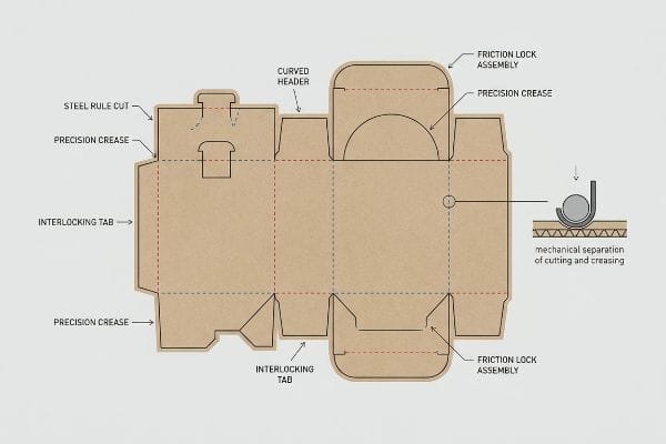 Die-cut paperboard template showing Steel Rule Cut, Precision Crease, Interlocking Tabs, Friction Lock Assembly, and mechanical cutting-creasing.