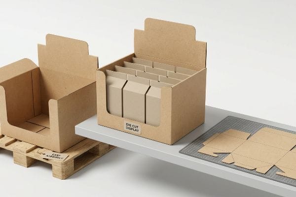 Assembled Die Cut Display box with products, next to an Easy Assembly flat-pack unit and a die-cut cardboard template.