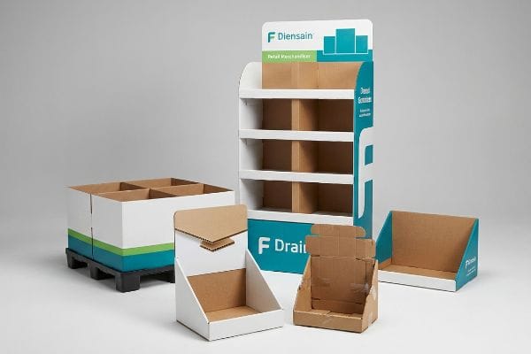 Diensain floor merchandiser, pallet display, and various corrugated countertop units and shelf trays.