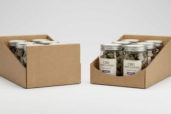 CBD Flower Display Trays Brown corrugated cardboard retail display trays, one holding glass jars of "CBD Hemp Flower Premium Strain Indica" buds, the other empty.