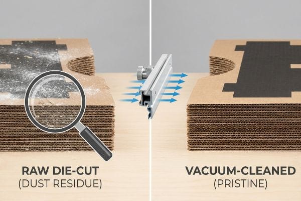 Dust-Free Corrugated Cleaning Corrugated cardboard comparison: Raw Die-Cut with Dust Residue versus Vacuum-Cleaned Pristine sheets, showing an air knife removing particulate dust.