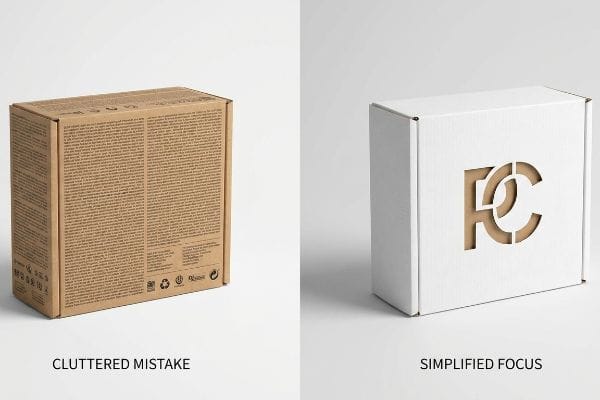 Cluttered vs Simplified Packaging Brown kraft packaging box with dense text, labeled "Cluttered Mistake", contrasted with a white box featuring a clean die-cut FC logo, labeled "Simplified Focus", demonstrating effective retail packaging design to prevent cognitive overload.