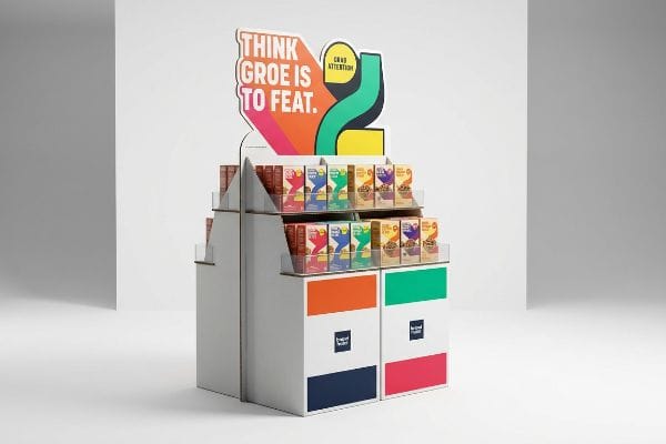 Vibrant Retail Display Corrugated cardboard point-of-sale display with a vibrant die-cut header, "Think Groe Is To Feat.", "Grab Attention", and colorful product boxes.