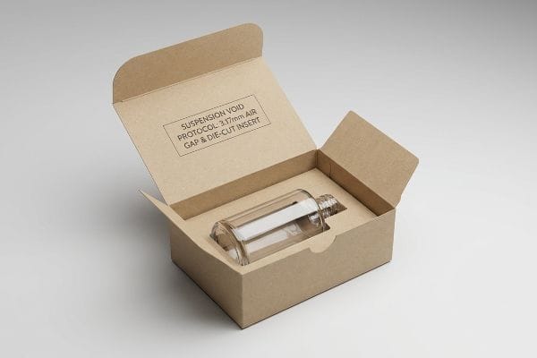 Suspension Void Packaging Kraft paper box with a glass bottle secured by a die-cut insert, detailing Suspension Void Protocol: 3.17mm Air Gap.