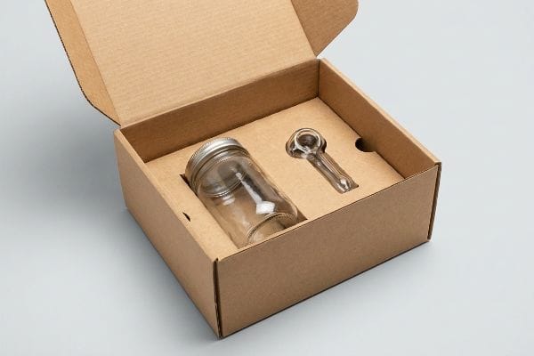Corrugated brown box featuring a custom die-cut insert securely holding a glass jar with a silver lid and a clear glass pipe.