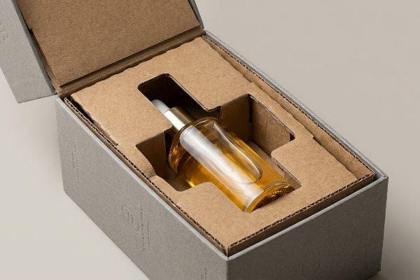 A glass dropper bottle with amber skincare serum secured by a custom die-cut corrugated insert inside an open gray paperboard box, showcasing suspension void packaging.