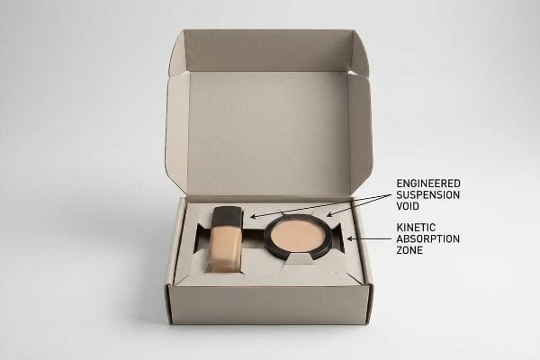 Cosmetic Packaging Kinetic Protection Light brown die-cut paperboard insert showcasing an Engineered Suspension Void and Kinetic Absorption Zone for cosmetic foundation and pressed powder protection.