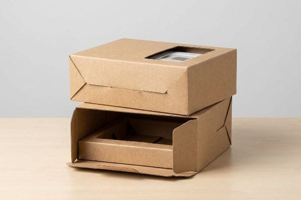 Two die-cut kraft cardboard boxes, one closed with a window, the other open revealing its precision-engineered internal packaging insert.