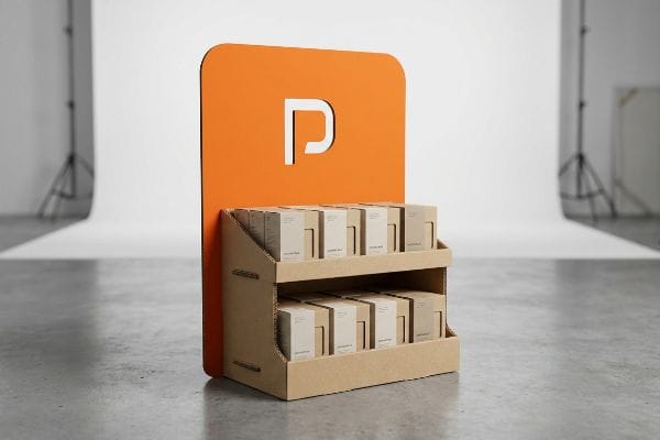Cardboard POP Display Packaging Corrugated cardboard POP display with orange header, die-cut P logo, and two tiers of product packaging boxes.