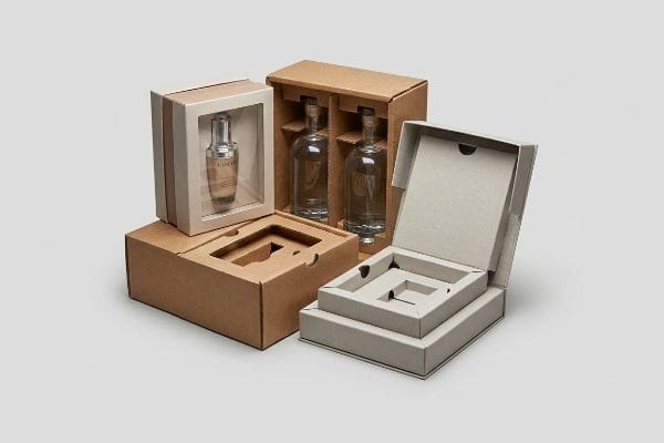 Custom die-cut corrugated packaging for a Lancôme cosmetic bottle, two beverage bottles, and an empty box with structural inserts.