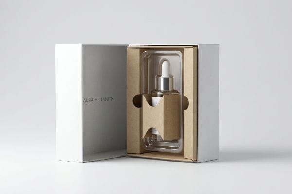 Aura Botanics Custom Packaging White Aura Botanics custom packaging box with a die-cut paperboard insert suspending a glass dropper bottle, preventing kinetic shock.