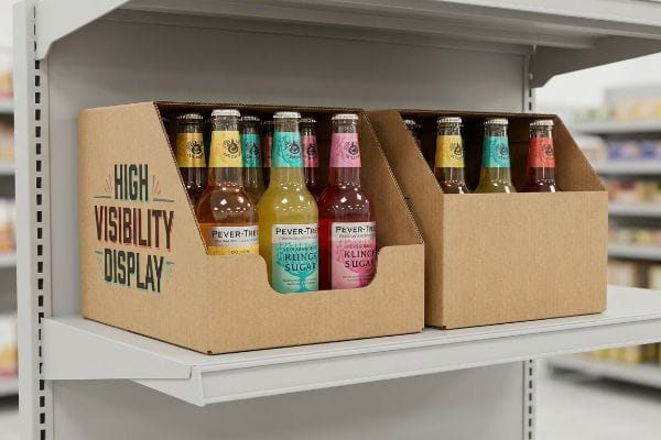 Gut sichtbare Displaybox Brauner Wellpapp-Displaykarton mit ausgestanzter Schaufel, beschriftet mit „High Visibility Display“, zur Präsentation von Fever-Tree Klingon Sugar Getränken im Einzelhandelsregal.