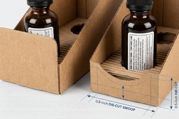 Die-Cut Swoop Compliance Box Kraft corrugated box with 0.5-inch die-cut swoop for Hemp Extract 3000mg compliance label visibility.