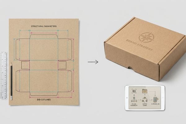 Brand Packaging Strategy Packaging design process: die-cut template becomes embossed Brand Strategy box, with digital flowchart.