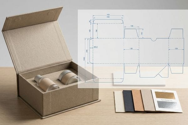 Cosmetic Box Manufacturing Process Manufacturing a cosmetic box, an open kraft paper box with bottles, a die-cut template, and material swatches, including Kraft and Folienprägung.