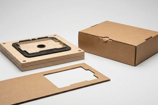 Wooden die-cut tool with steel rule blades, a custom corrugated cardboard insert, and a brown die-cut packaging box.