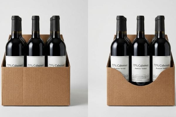Corrugated cardboard retail tray with a custom die-cut swoop revealing '75% Cabernet' wine labels, contrasted with a straight-lip tray obscuring text.