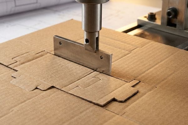 Brown corrugated cardboard undergoing die-cutting by a steel blade, creating precise interlocking tabs and folding mechanisms for custom packaging.