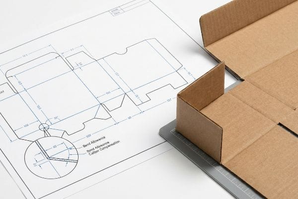 Packaging blueprint with die-line, bend allowance, and caliper compensation details, alongside a partially assembled corrugated box.