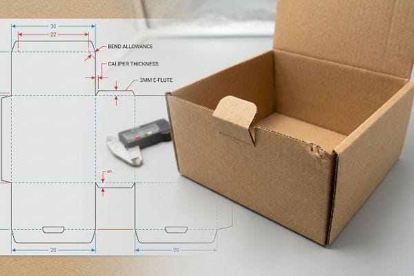 Die-line with Bend Allowance, Caliper Thickness, and 3mm E-Flute labels for a corrugated box, next to an assembled brown cardboard box.