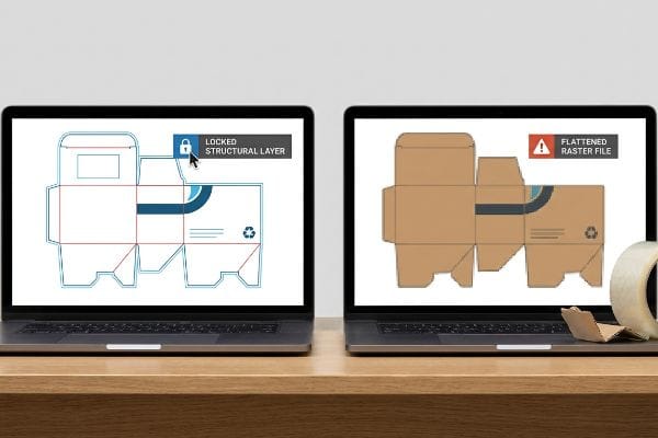 Locked vs Flattened File Laptops show packaging design: a Locked Structural Layer die-line contrasted with a Flattened Raster File brown box.