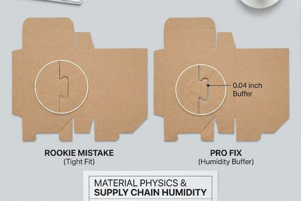 Humidity Buffer Dieline Fix Cardboard dieline comparison showing a Rookie Mistake tight fit vs. a Pro Fix with a 0.04 inch Humidity Buffer for interlocking tabs.