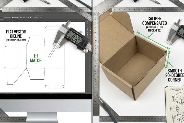 Caliper Compensated Dieline A split image compares a Flat Vector Dieline with a 0.12 measurement to a Caliper Compensated brown box, showing Smooth 90-Degree Corners and Adjusted for Thickness.