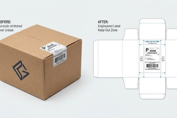 Label Keep-Out Zone Dieline Brown corrugated shipping box with a barcode stretched over a crease, contrasted with a dieline illustrating a 1.5-inch Label Keep-Out Zone.