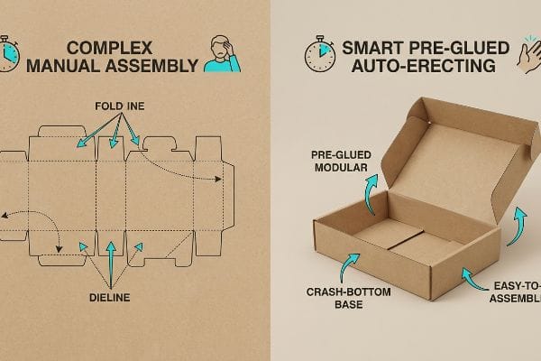 Manual vs Auto Assembly Kraft board dieline for Complex Manual Assembly versus a Smart Pre-Glued Auto-Erecting crash-bottom box.