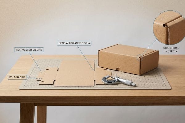 Vektor-Stanzform für flache Kartonverpackung mit einer Biegezugabe von 0,08 Zoll und einem Faltradius, neben einer zusammengebauten Schachtel, die die strukturelle Integrität hervorhebt, auf einer Schneidematte.