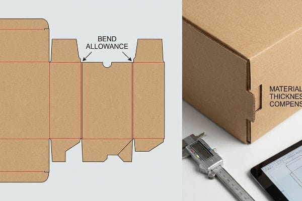 Dieline Bend Allowance Caliper Brown corrugated dieline with Bend Allowance, an assembled box showing Material Thickness Compensation, and a digital caliper.