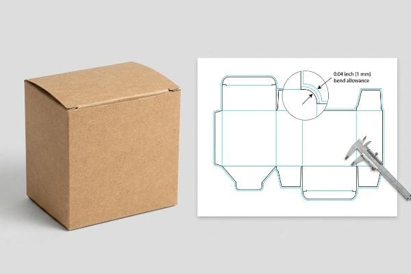 Kraft paper reverse tuck box and dieline with 0.04 inch (1 mm) bend allowance, measured by a caliper.