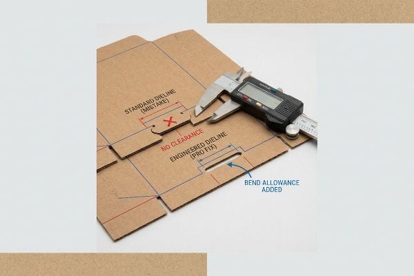 A digital caliper measures a corrugated cardboard dieline, contrasting a Standard Dieline (Mistake) with No Clearance against an Engineered Dieline (Pro Fix) showing Bend Allowance Added for optimal fit.