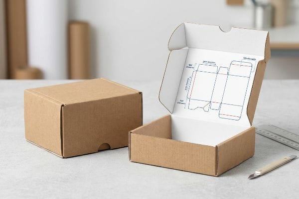 段ボール箱の型抜き図 茶色の段ボール箱が2つあり、片方が開くと、パッケージング用の接合方向、曲げ代、折り曲げ要素を示すダイライン図が見える。.