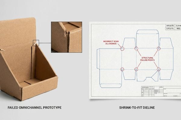 Failed Dieline Prototype Corrugated omnichannel prototype shows a torn fold, contrasted with a Shrink-to-Fit Dieline highlighting Incorrect Bend Allowance and Structural Failure Points for B-Flute 3.2mm.